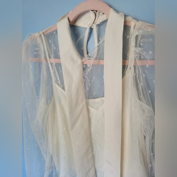 Express Tulle Polka Dot Tie Mock Neck Puff Sleeve Top Cream XS - Picture 6 of 11